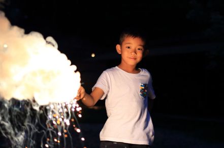 Japanese boy doing handheld fireworks (second grade at elementary school)